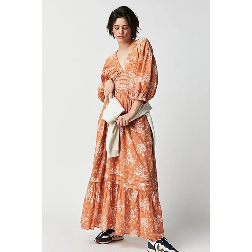 Free People Golden Hour Maxi Dress Bohemian Floral Dainty Tan Neutral Small - Picture 6 of 14